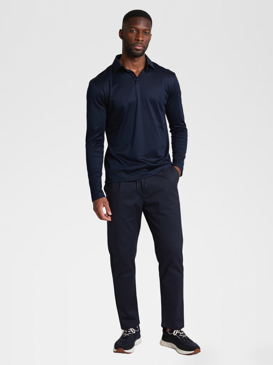 Polo Longsleeve navy met navy Signature Stretch Pantalon — vooraanzicht