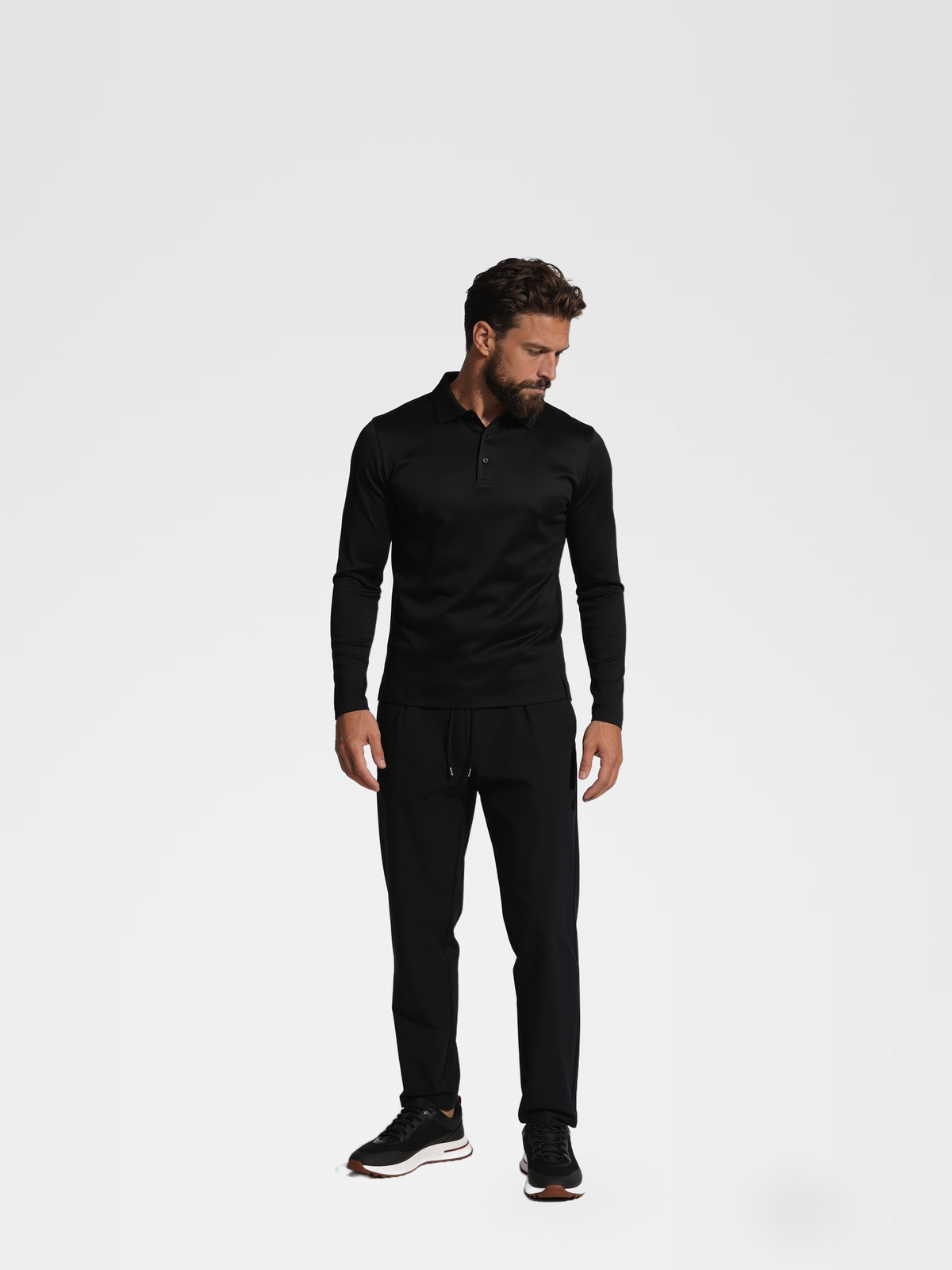 black long sleeve polo, black urbanpants, lp black shoe — luxury_european — Detail / Look Down