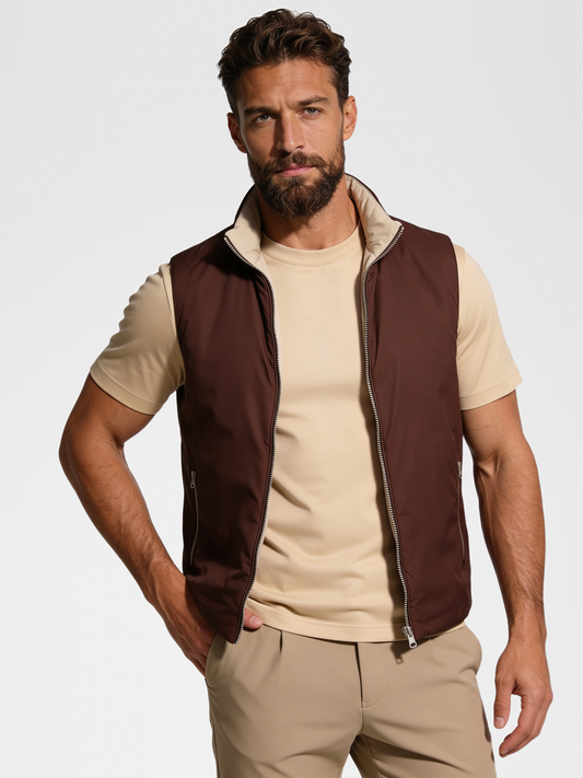 brown engineered gilet, desert sand imperial tee1, d beige broek, brown shoe — luxury_european — Close Front