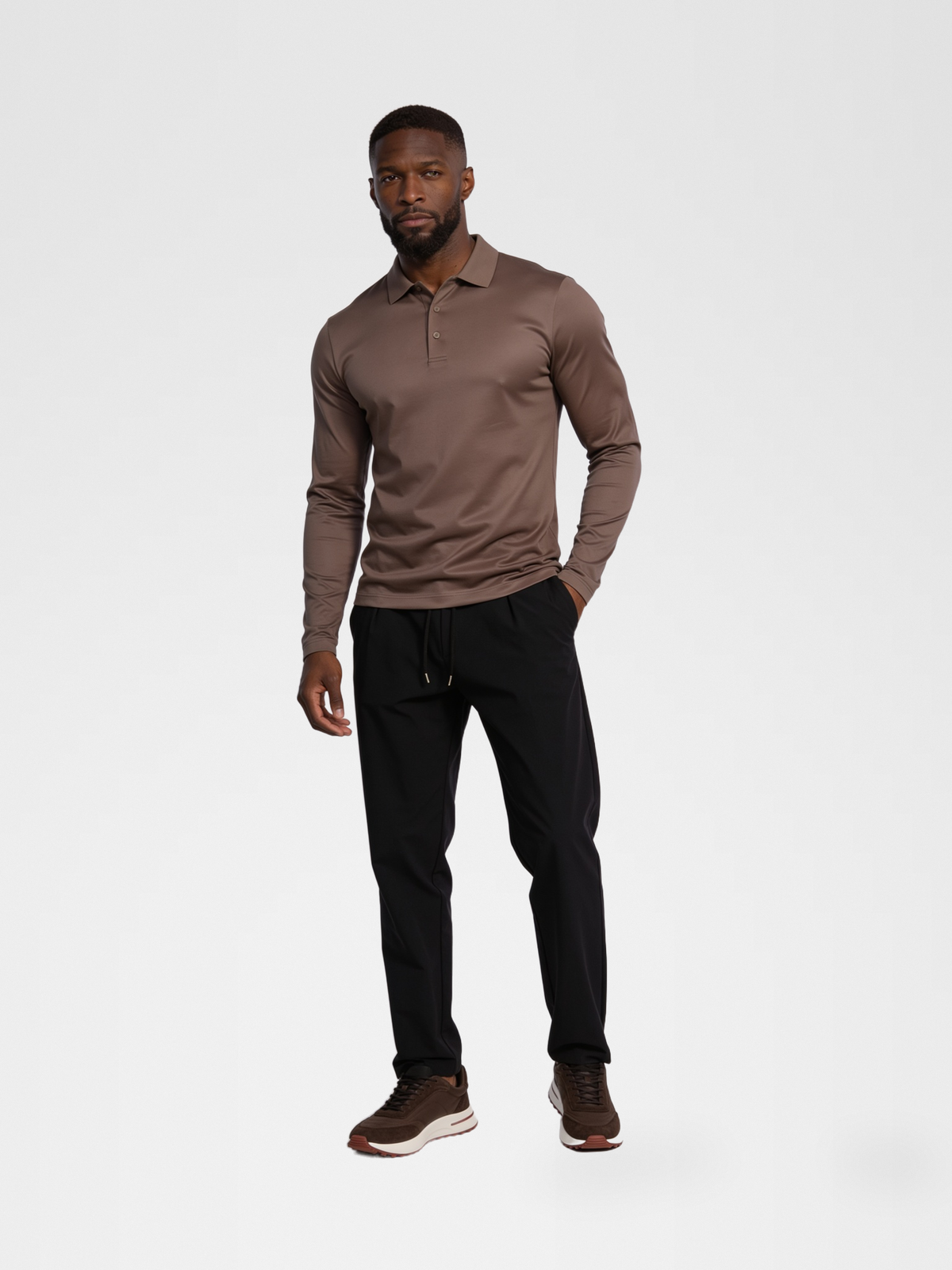taupe long sleeve polo, black urbanpants, lp brown shoe — qp — Hero Front