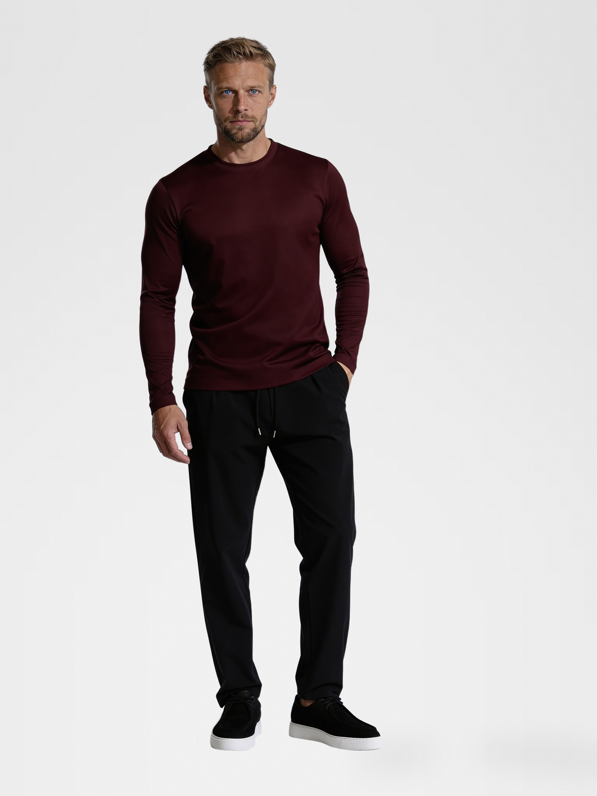 burgundy long sleeve, black urbanpants, black shoe — blond_model — Hero Front
