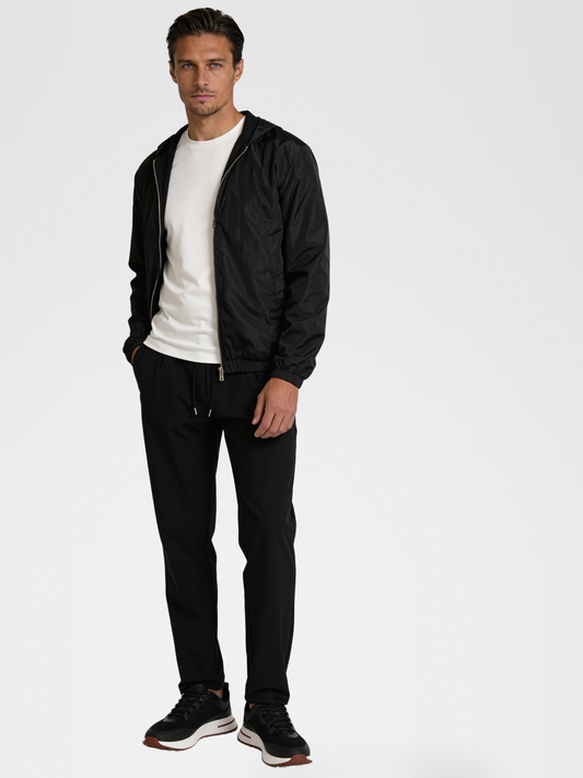white imperial tee, black urbanpants, lp black shoe, black jacket — european2 — Hero Front