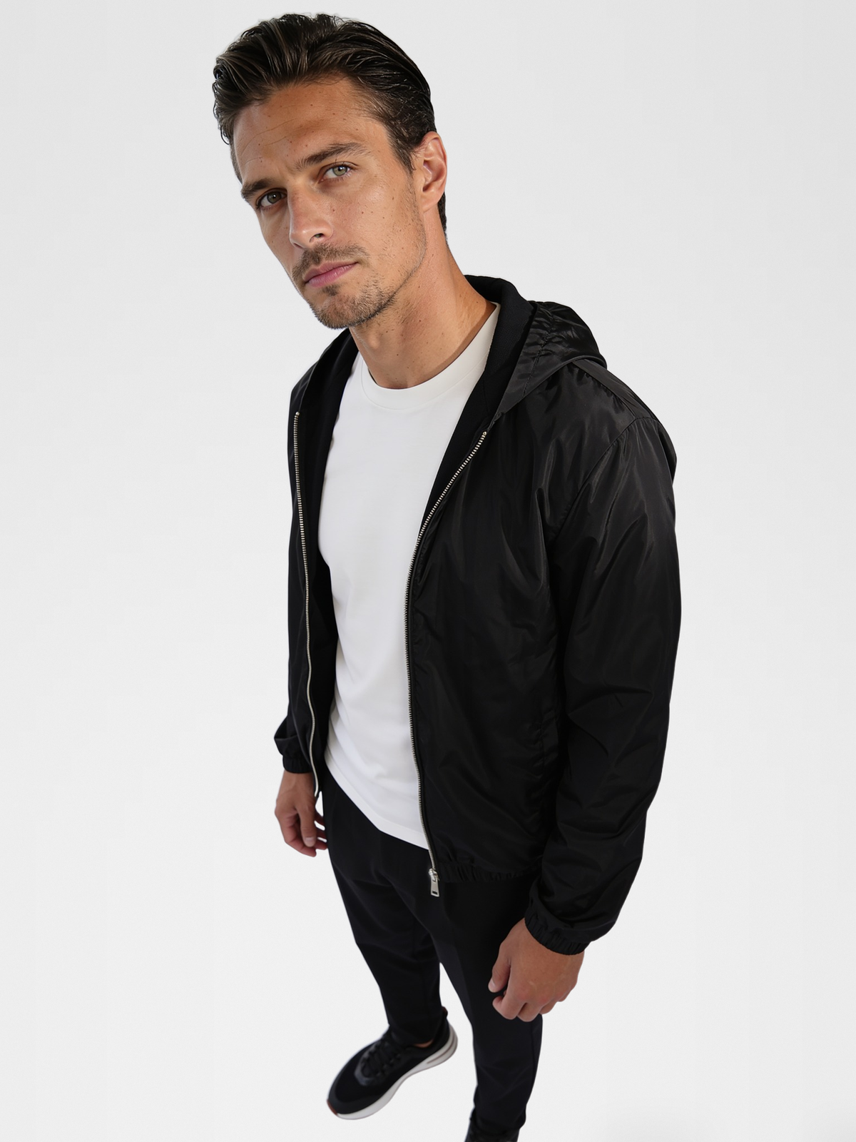 white imperial tee, black urbanpants, lp black shoe, black jacket — european2 — 3/4 Side
