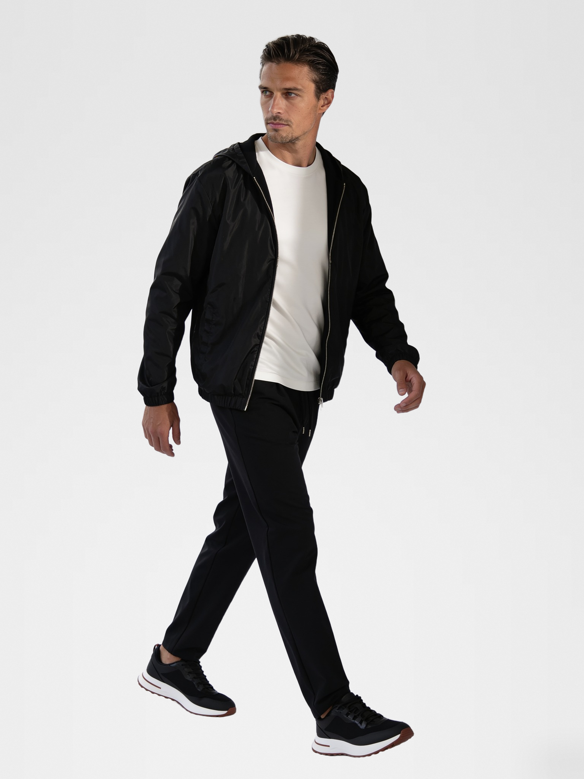 white imperial tee, black urbanpants, lp black shoe, black jacket — european2 — Walking