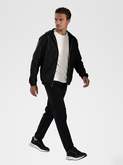 white imperial tee, black urbanpants, lp black shoe, black jacket — european2 — Walking