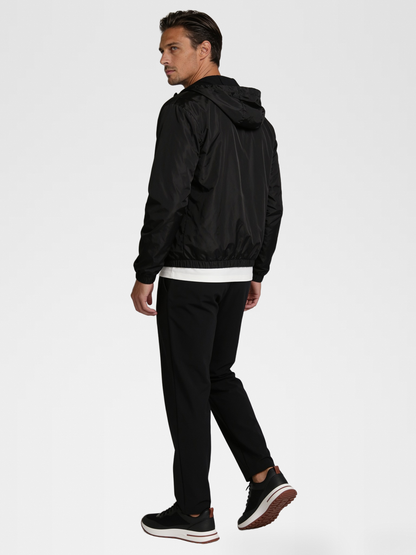 white imperial tee, black urbanpants, lp black shoe, black jacket — european2 — Back View