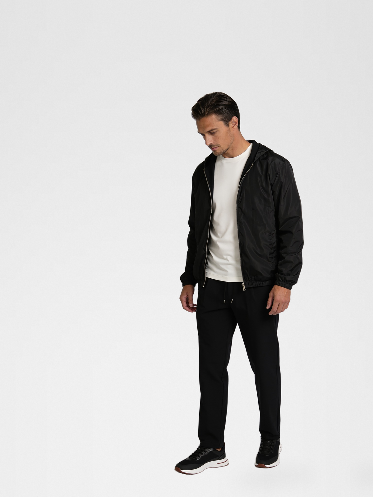 white imperial tee, black urbanpants, lp black shoe, black jacket — european2 — Detail / Look Down