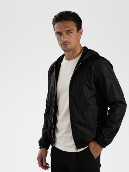 white imperial tee, black urbanpants, lp black shoe, black jacket — european2 — Close Front