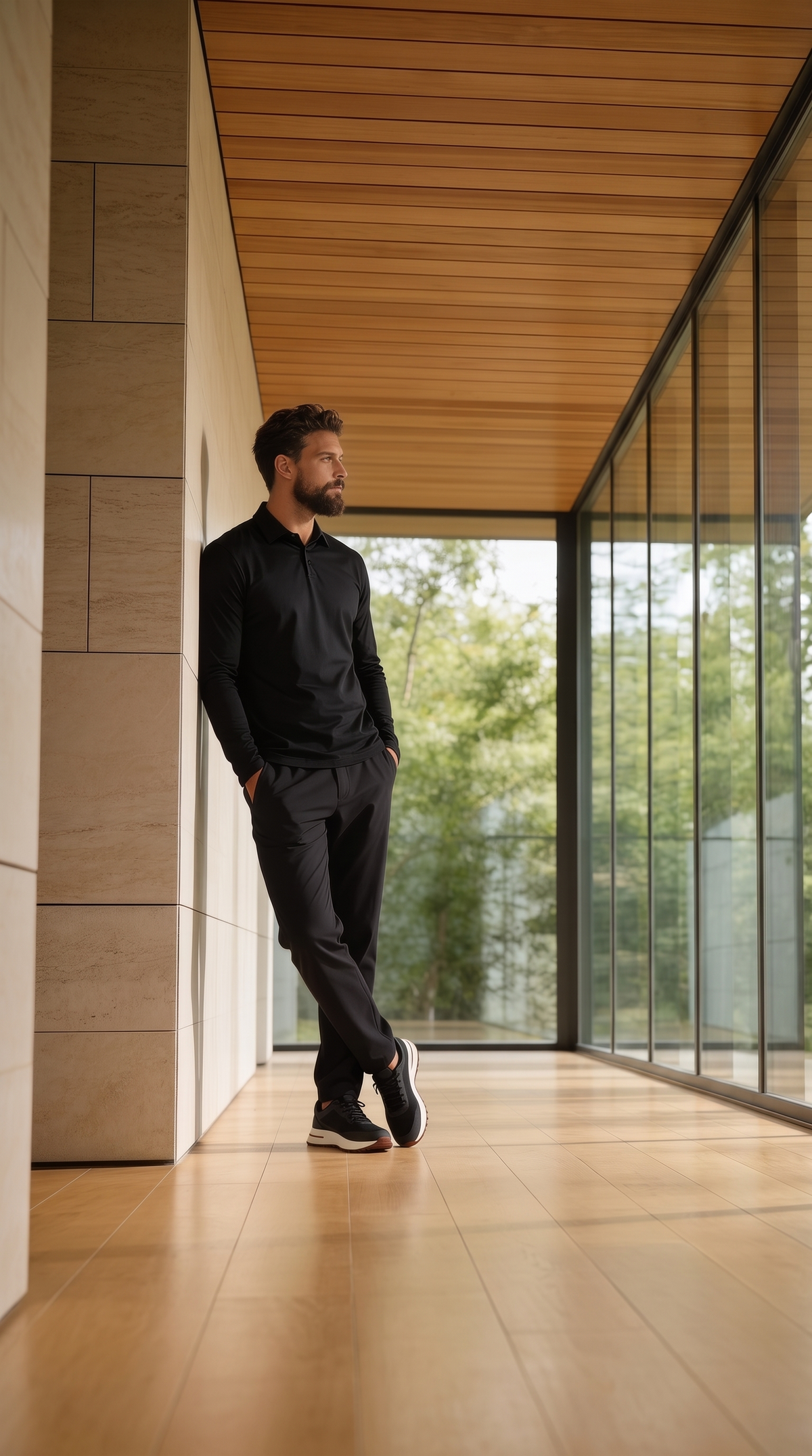 Man in zwarte Lucci Monte outfit in glazen gang