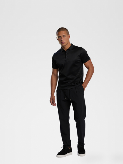 black imperial polo, black urbanpants, black shoe — lightskin_model — Hero Front