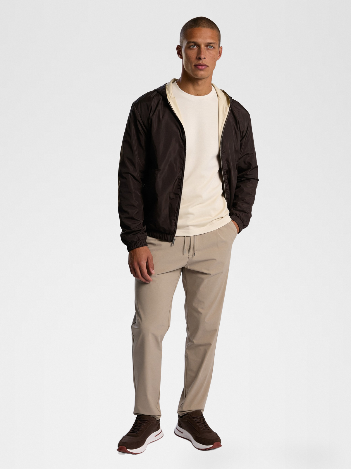 desert sand imperial tee, brown jacket, beige urbanpants, lp brown shoe — lightskin_model — Hero Front