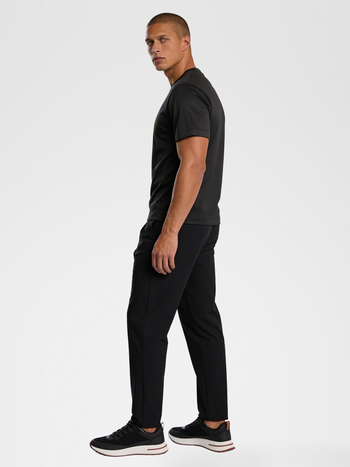 lp black shoe, black urbanpants, black imperial tee — lightskin_model — 3/4 Side