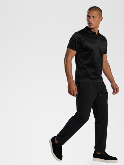 black imperial polo, black urbanpants, black shoe — lightskin_model — Walking