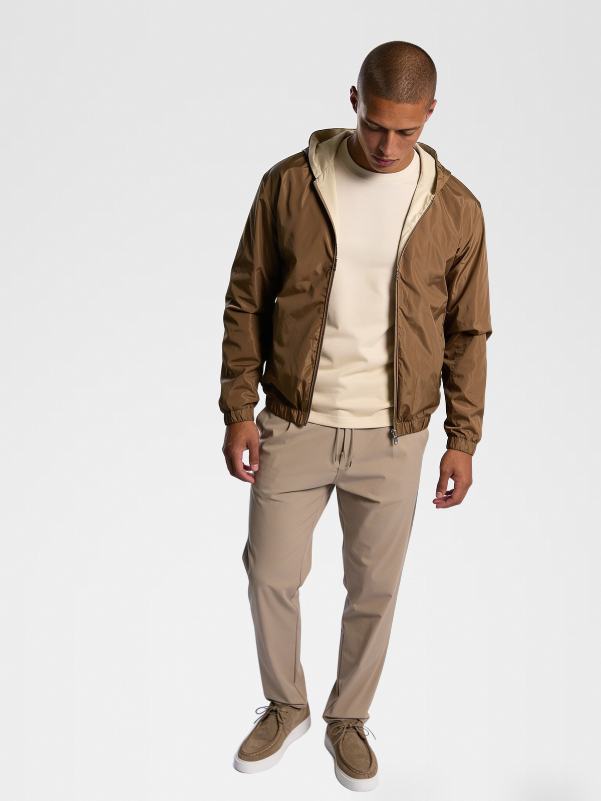 beige jacket, desert sand imperial tee, beige urbanpants, taupe shoe — lightskin_model — Detail / Look Down