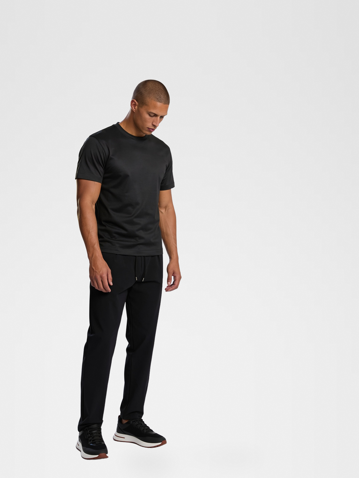 lp black shoe, black urbanpants, black imperial tee — lightskin_model — Detail / Look Down