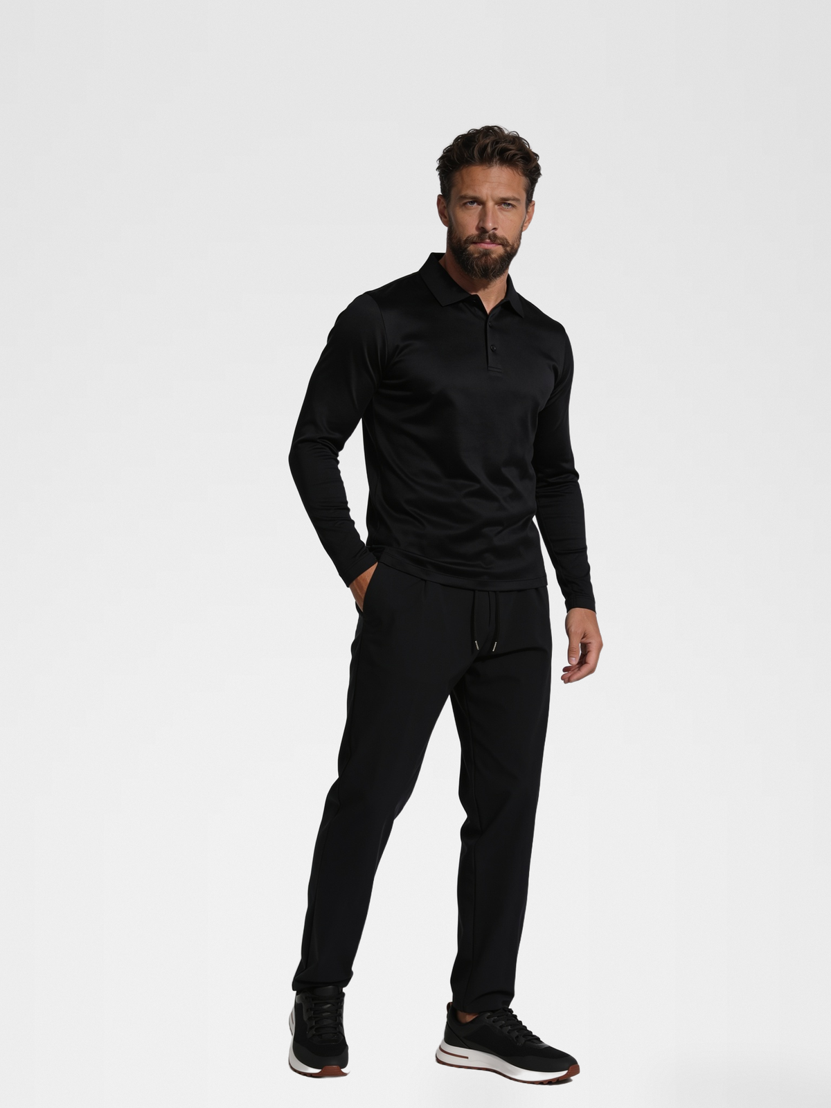 black long sleeve polo, black urbanpants, lp black shoe — luxury_european — Hero Front