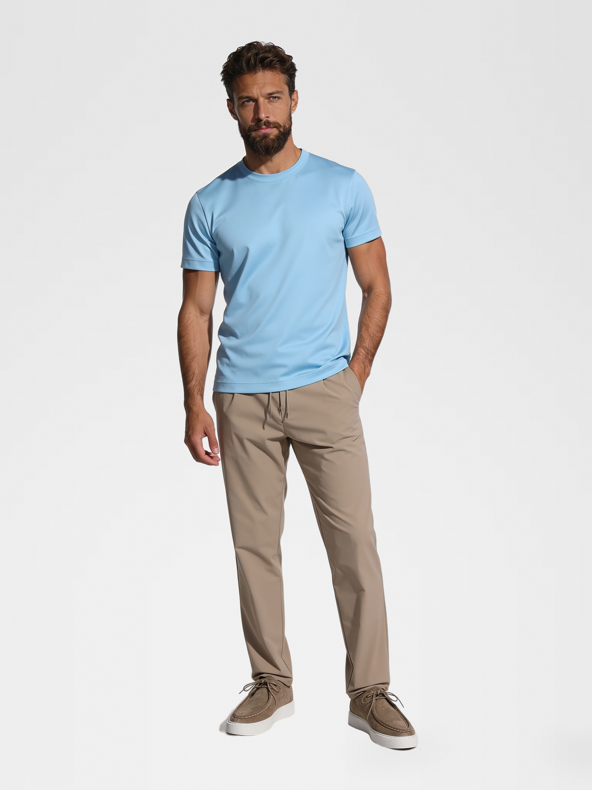 ocean blue imperial tee, beige urbanpants, taupe shoe — luxury_european — Hero Front