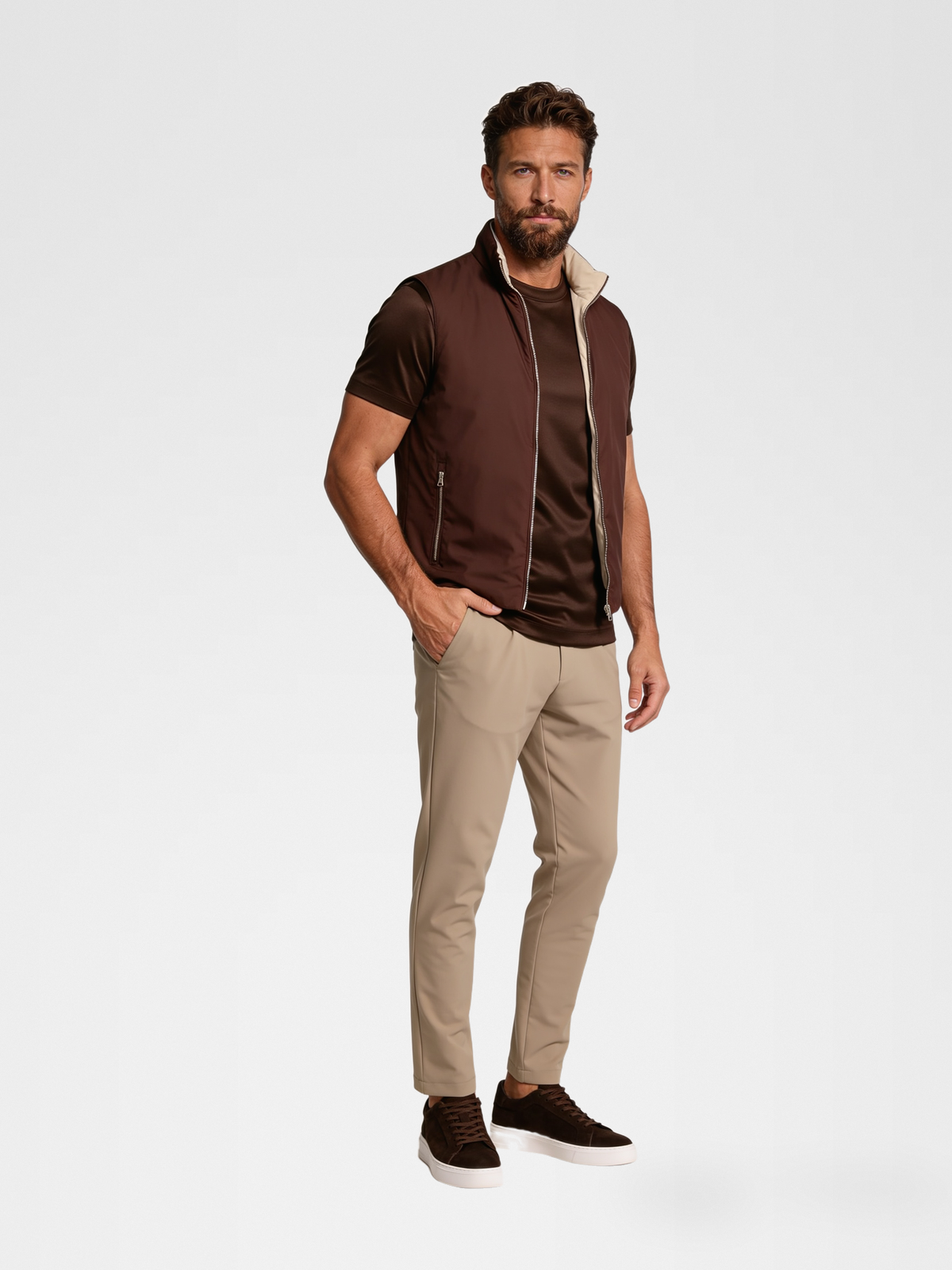 brown engineered gilet, espresso imperial tee, d beige broek, brown shoe — luxury_european — Hero Front