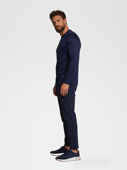 navy imperial long sleeve, midnight blue smart pants, lp navy shoe — luxury_european — 3/4 Side