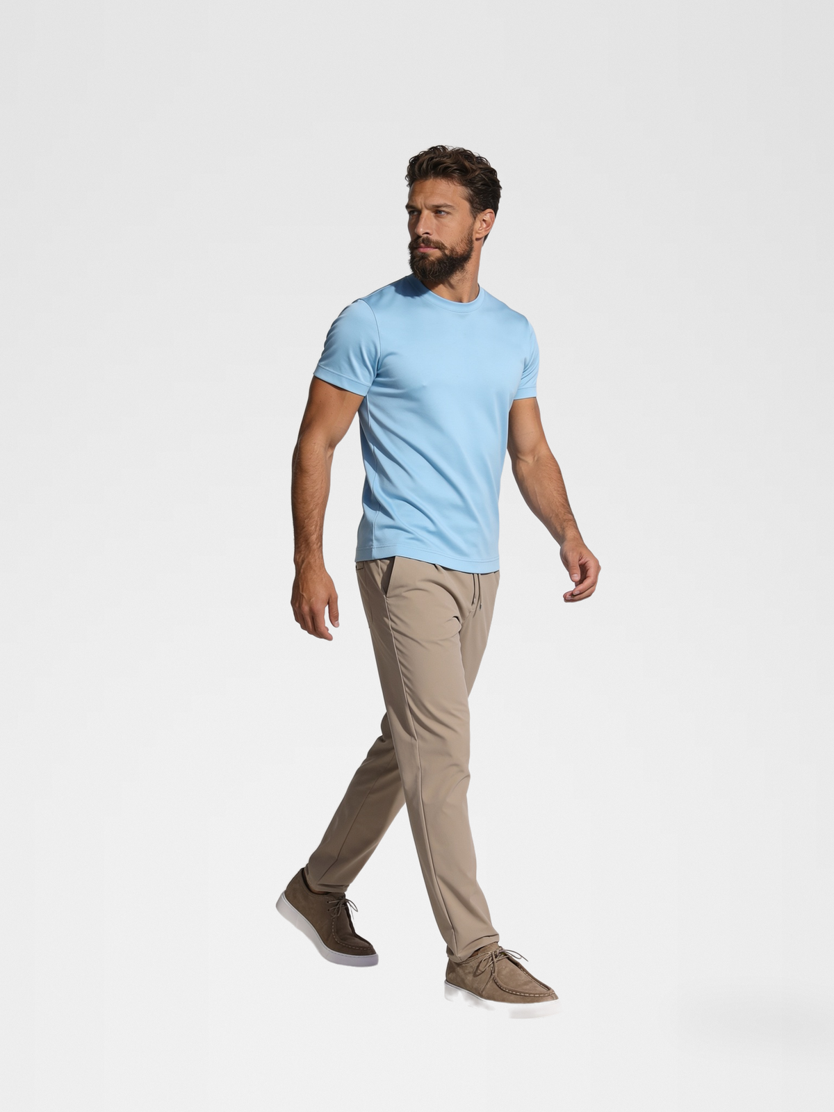 ocean blue imperial tee, beige urbanpants, taupe shoe — luxury_european — Walking