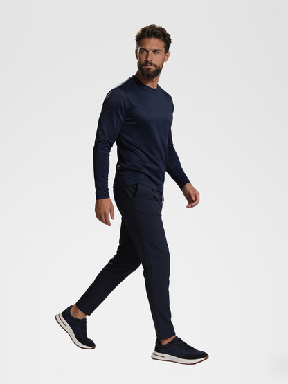 navy imperial long sleeve, midnight blue smart pants, lp navy shoe — luxury_european — Walking