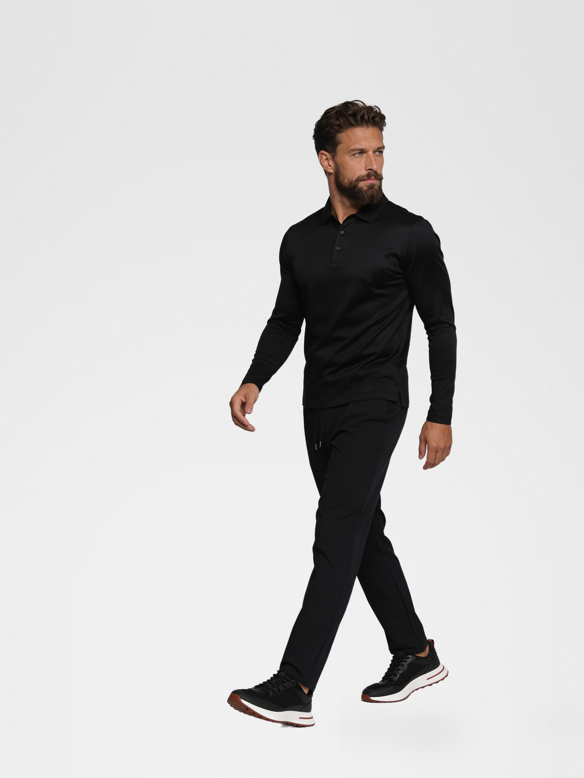 black long sleeve polo, black urbanpants, lp black shoe — luxury_european — Walking