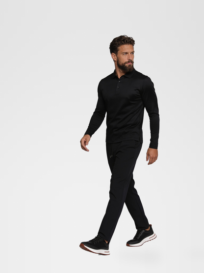 black long sleeve polo, black urbanpants, lp black shoe — luxury_european — Walking