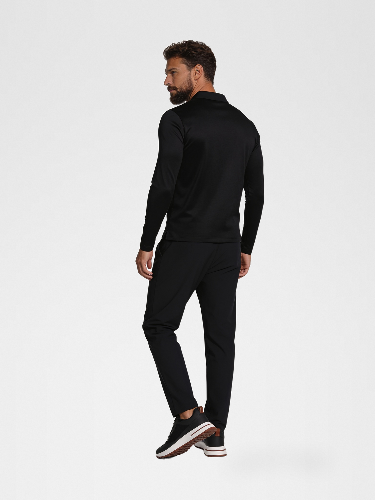 black long sleeve polo, black urbanpants, lp black shoe — luxury_european — Back View