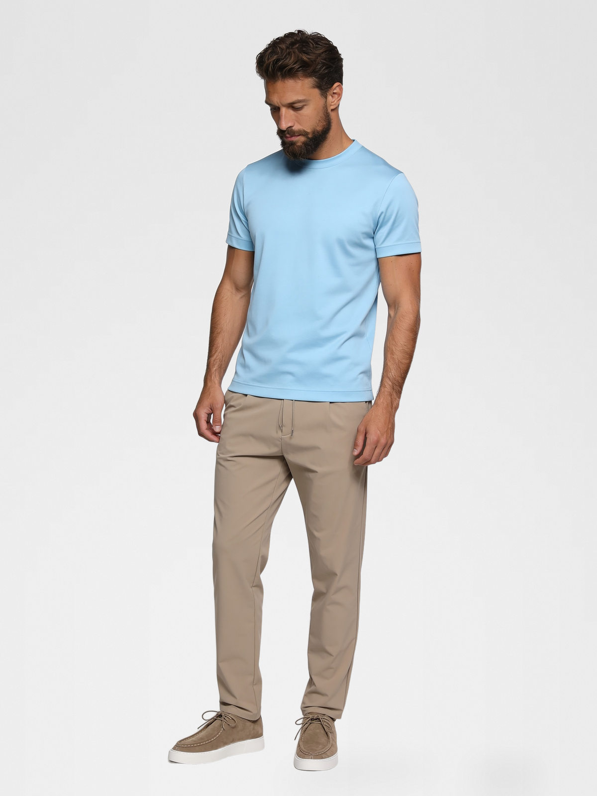 ocean blue imperial tee, beige urbanpants, taupe shoe — luxury_european — Detail / Look Down