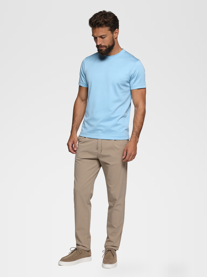 ocean blue imperial tee, beige urbanpants, taupe shoe — luxury_european — Detail / Look Down