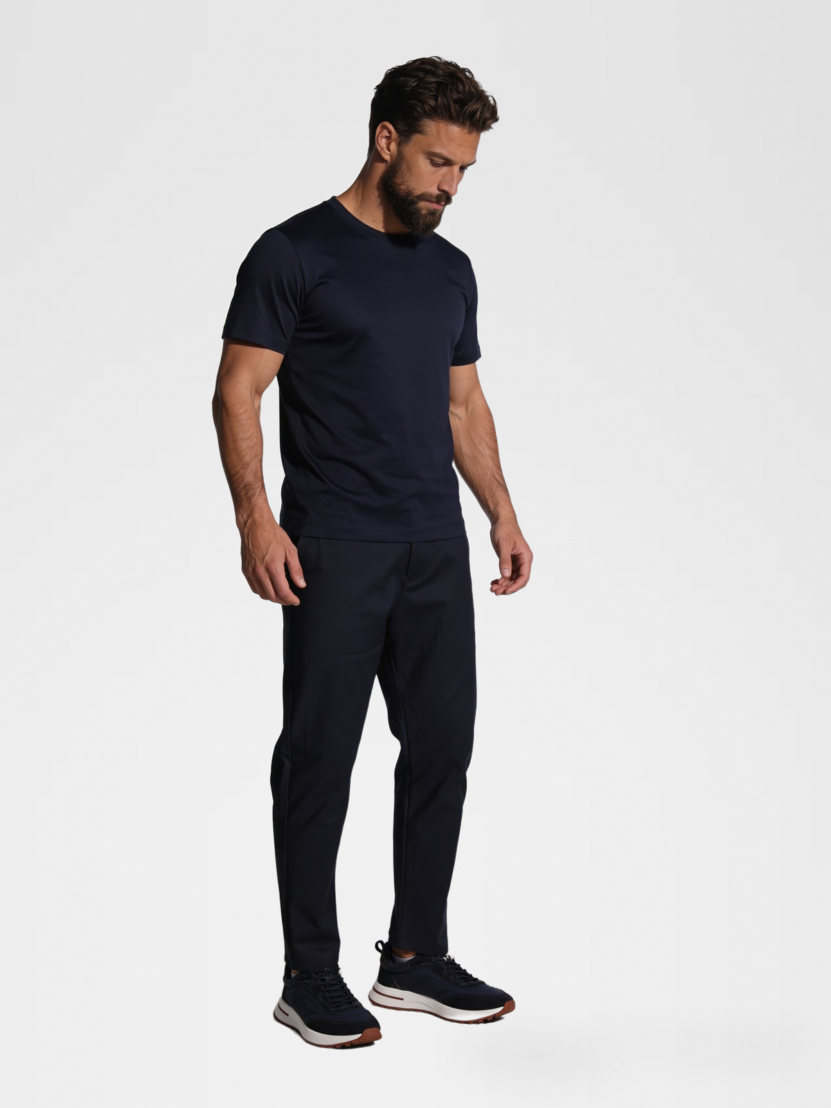 navy imperial tee, navy pants, lp navy shoe — luxury_european — Detail / Look Down