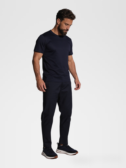 navy imperial tee, navy pants, lp navy shoe — luxury_european — Detail / Look Down