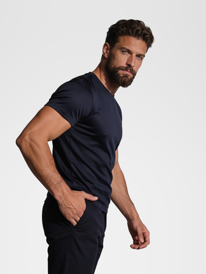 navy imperial tee, navy pants, lp navy shoe — luxury_european — Close Front