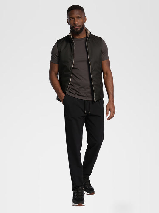black engineered gilet, grey imperial tee, black urbanpants, lp black shoe — qp — Hero Front