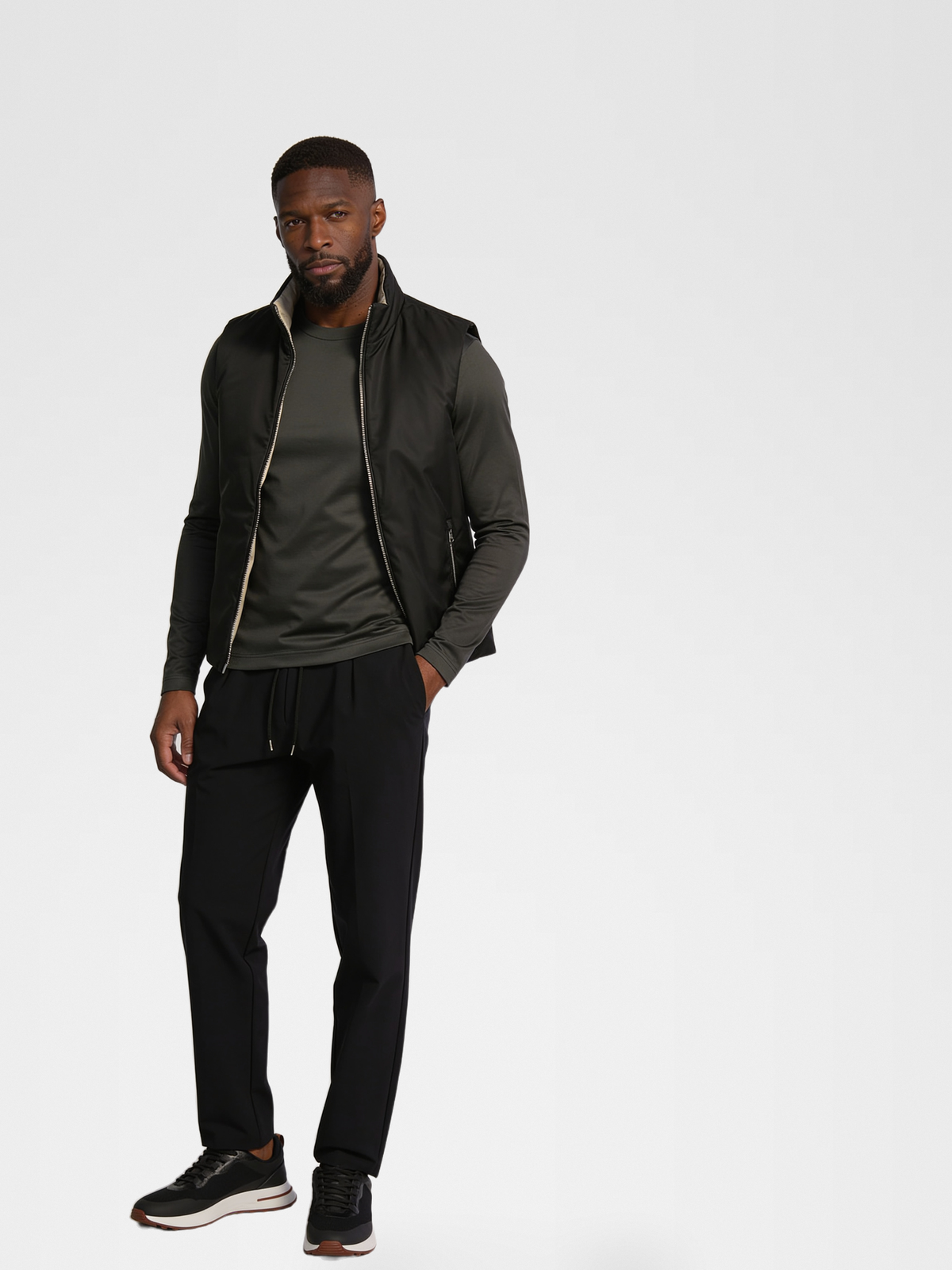 black engineered gilet, grey imperial long sleeve, black urbanpants, lp black shoe — qp — Hero Front
