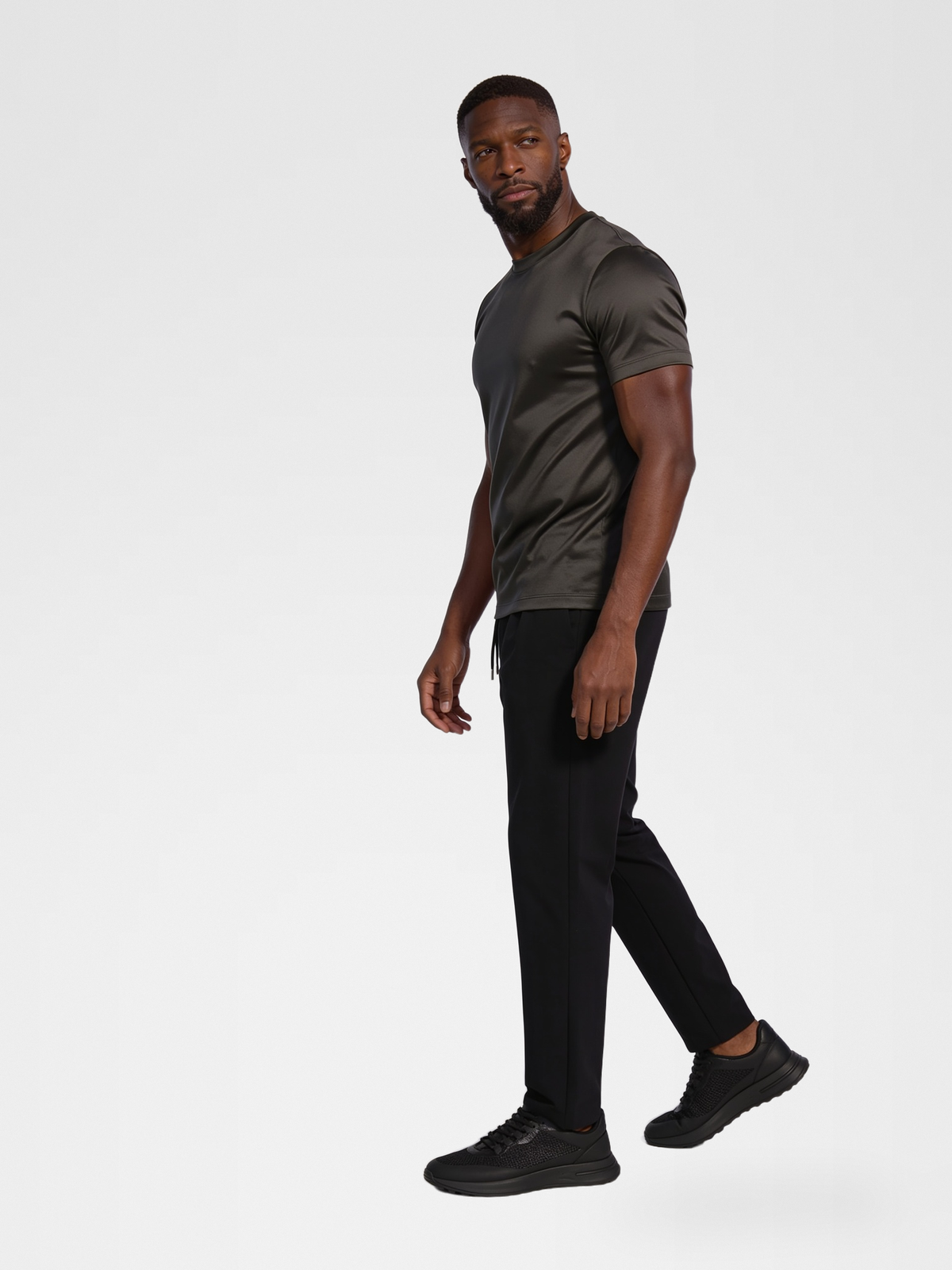grey imperial tee, black urbanpants, lp black shoe — qp — 3/4 Side