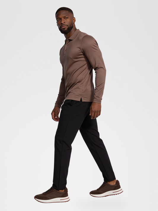 taupe long sleeve polo, black urbanpants, lp brown shoe — qp — 3/4 Side