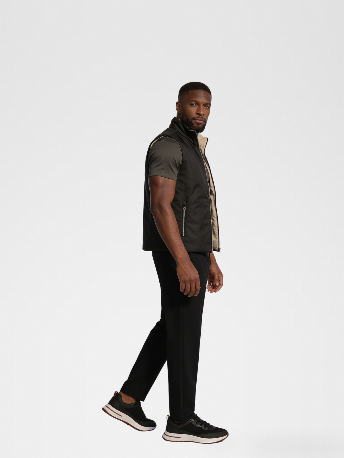 black engineered gilet, grey imperial tee, black urbanpants, lp black shoe — qp — 3/4 Side