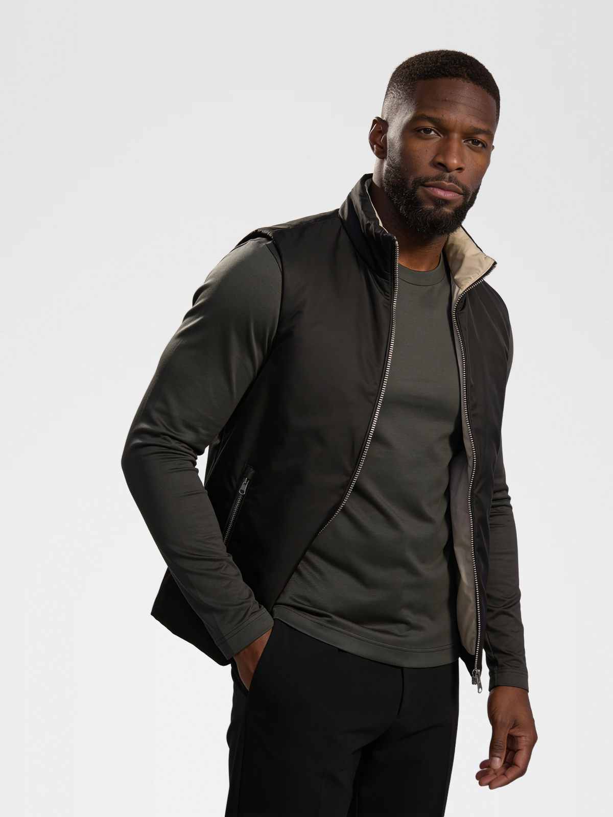 black engineered gilet, grey imperial long sleeve, black urbanpants, lp black shoe — qp — Close Front