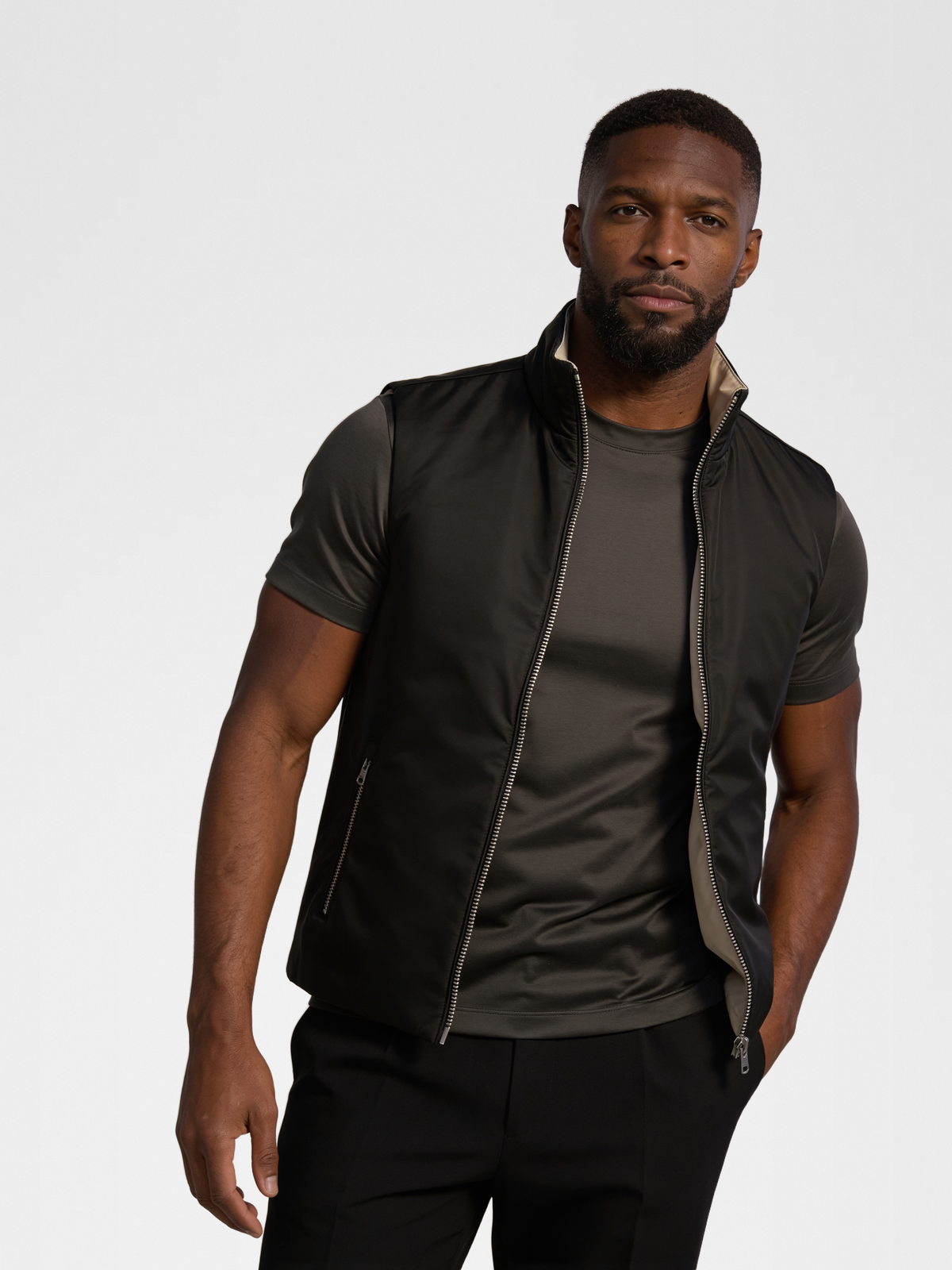 black engineered gilet, grey imperial tee, black urbanpants, lp black shoe — qp — Close Front