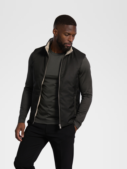 black engineered gilet, grey imperial long sleeve, black urbanpants, lp black shoe — qp — Close Lifestyle